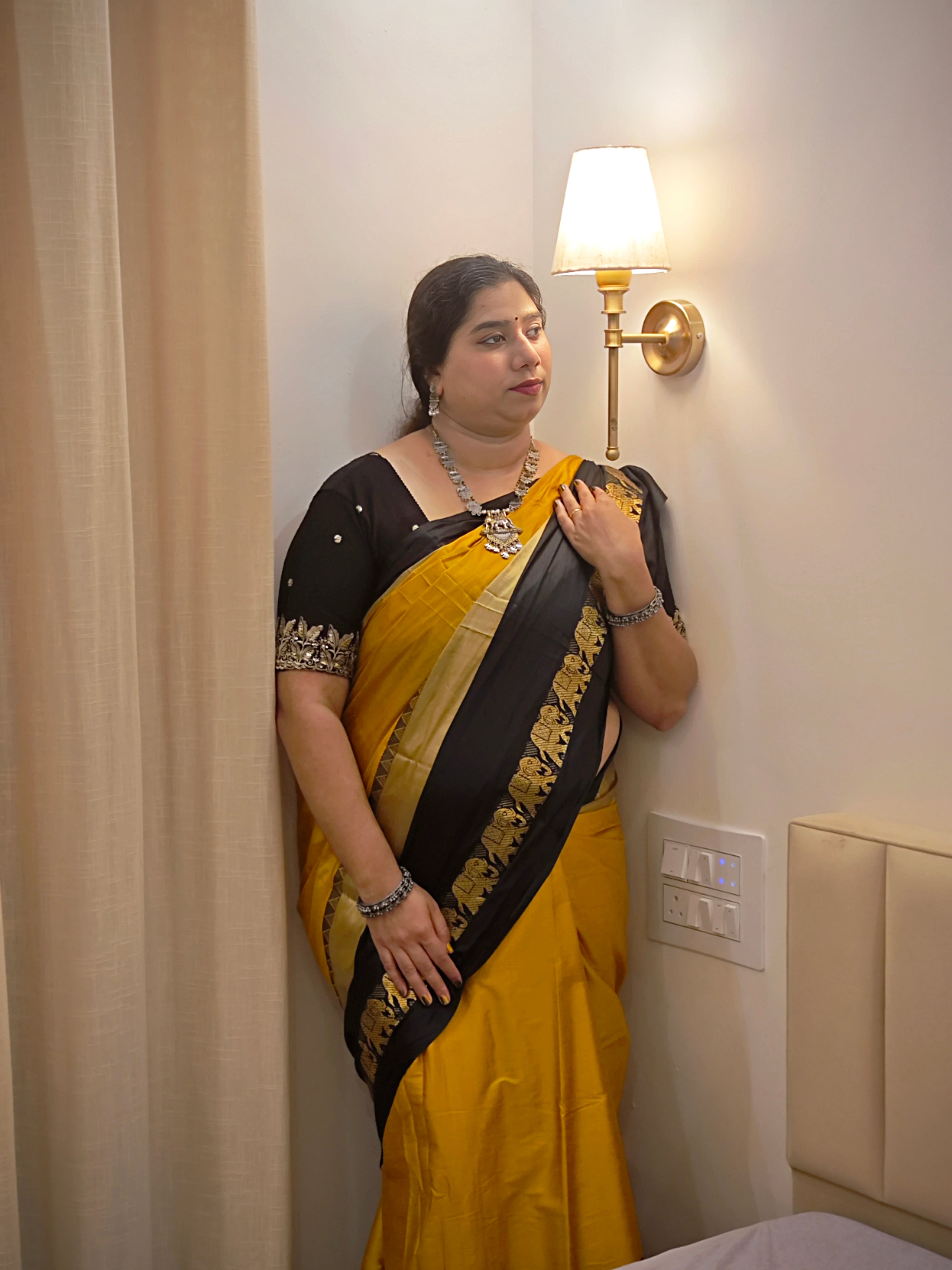 Mustard Yellow & Black Cotton Silk Saree with Elephant Zari Border | Traditional Festive Wear