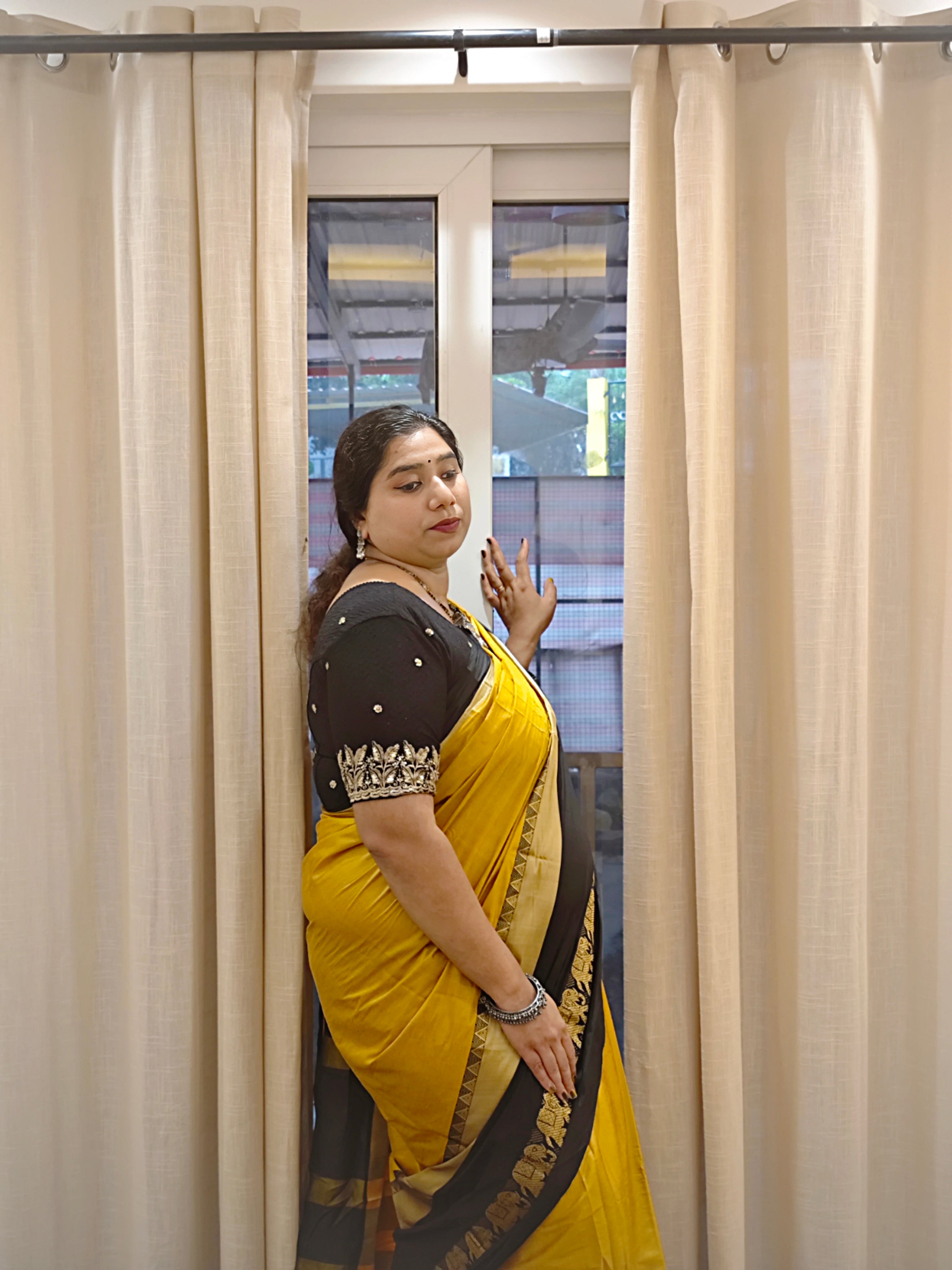 Mustard Yellow & Black Cotton Silk Saree with Elephant Zari Border | Traditional Festive Wear