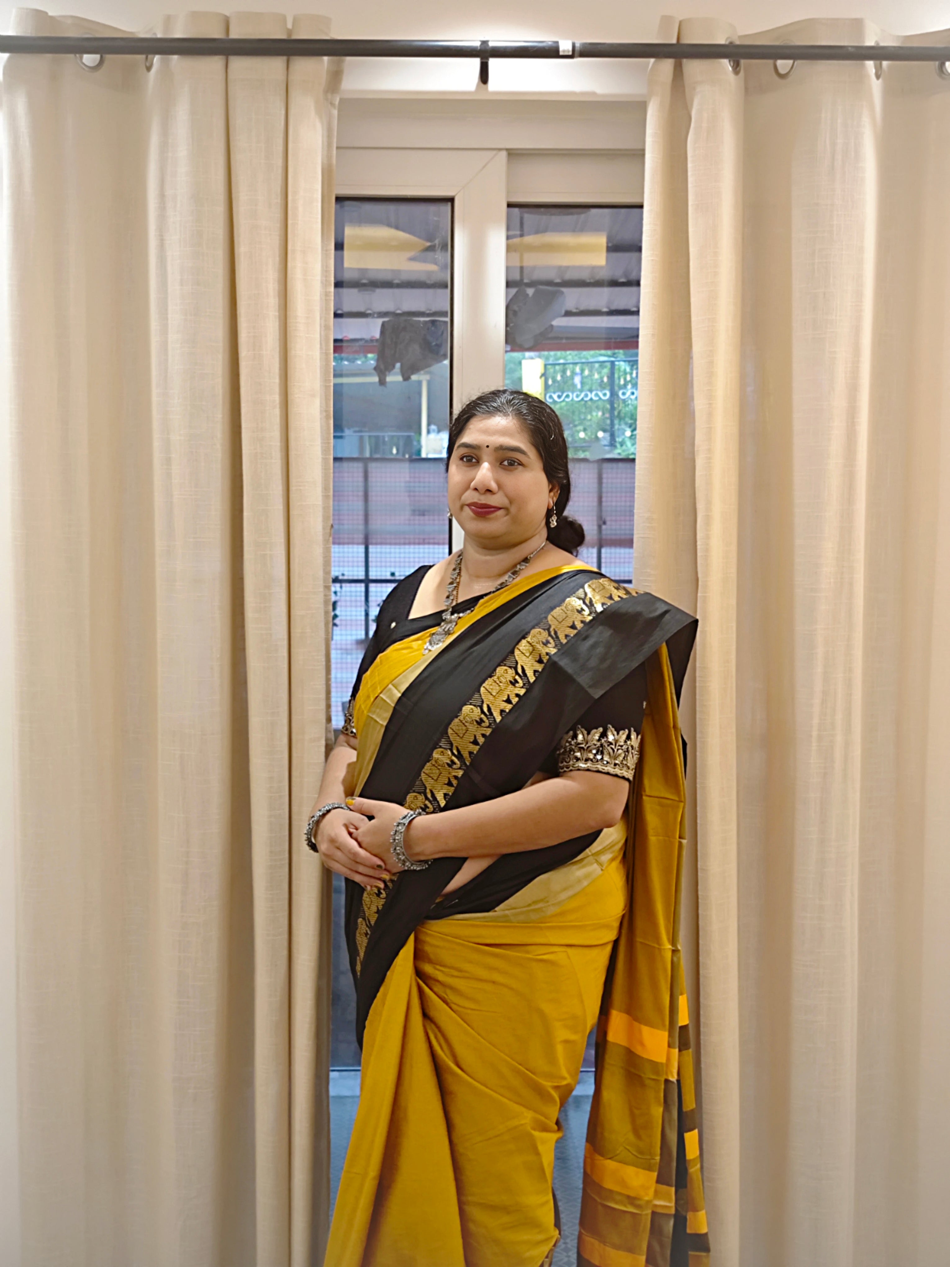 Mustard Yellow & Black Cotton Silk Saree with Elephant Zari Border | Traditional Festive Wear