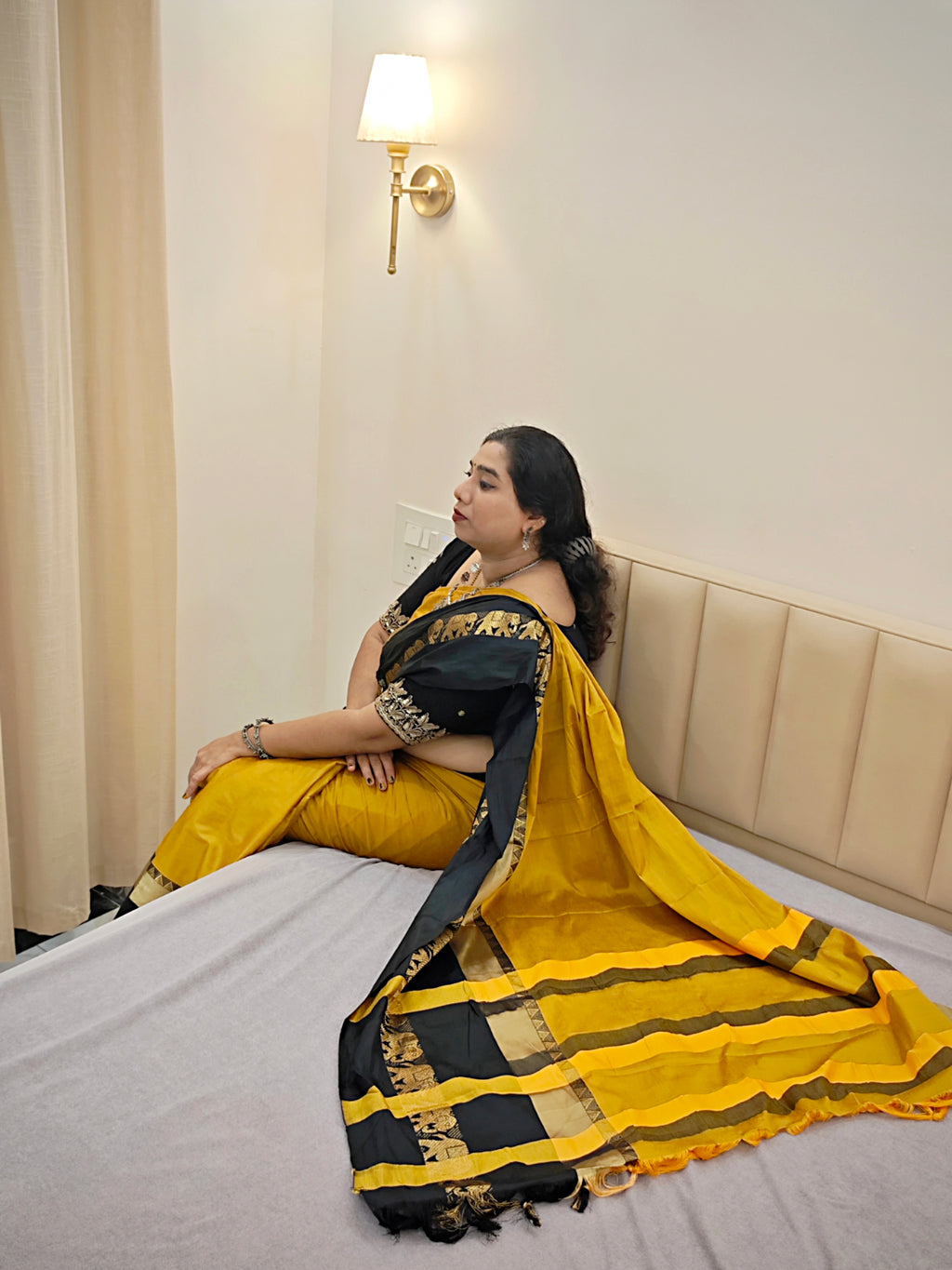 Mustard Yellow & Black Cotton Silk Saree with Elephant Zari Border | Traditional Festive Wear