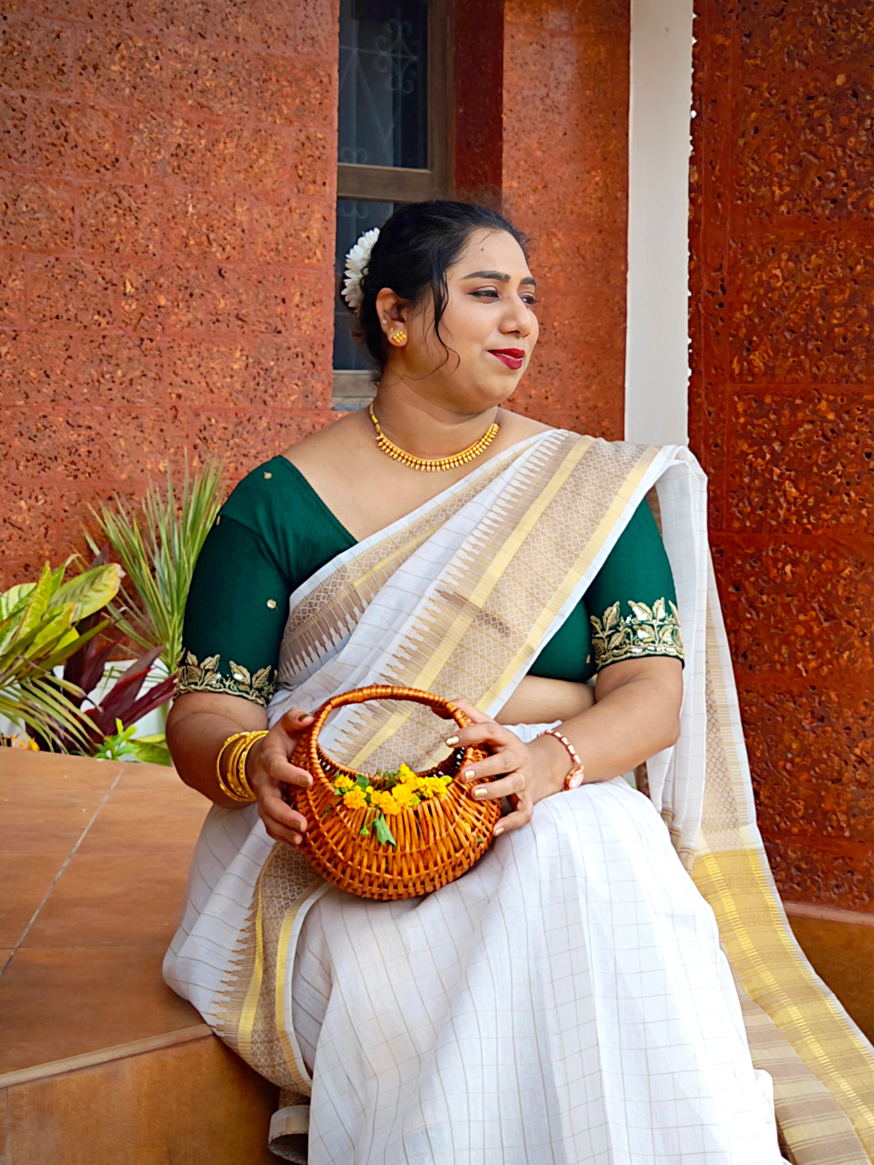 Onam Special Off-White Checked Cotton Silk Saree with Gold Zari Border