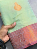 Mint Green Softy Malai Silk Saree with Copper Zari Buttas and Rich Woven Border for Women