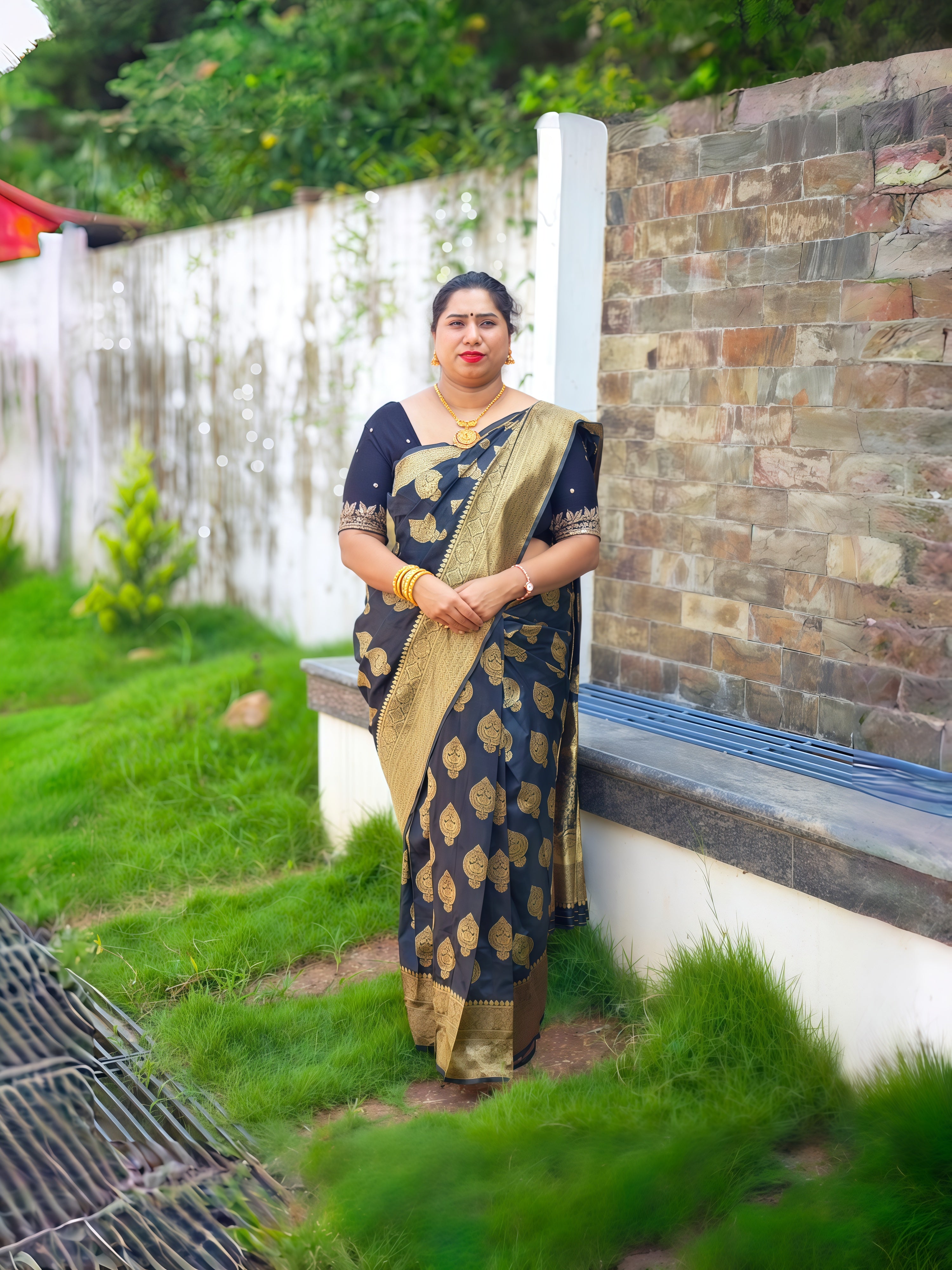 Black Banarasi Silk Saree with zari woven mango buttas and matching running blouse by Vyra Fashion.