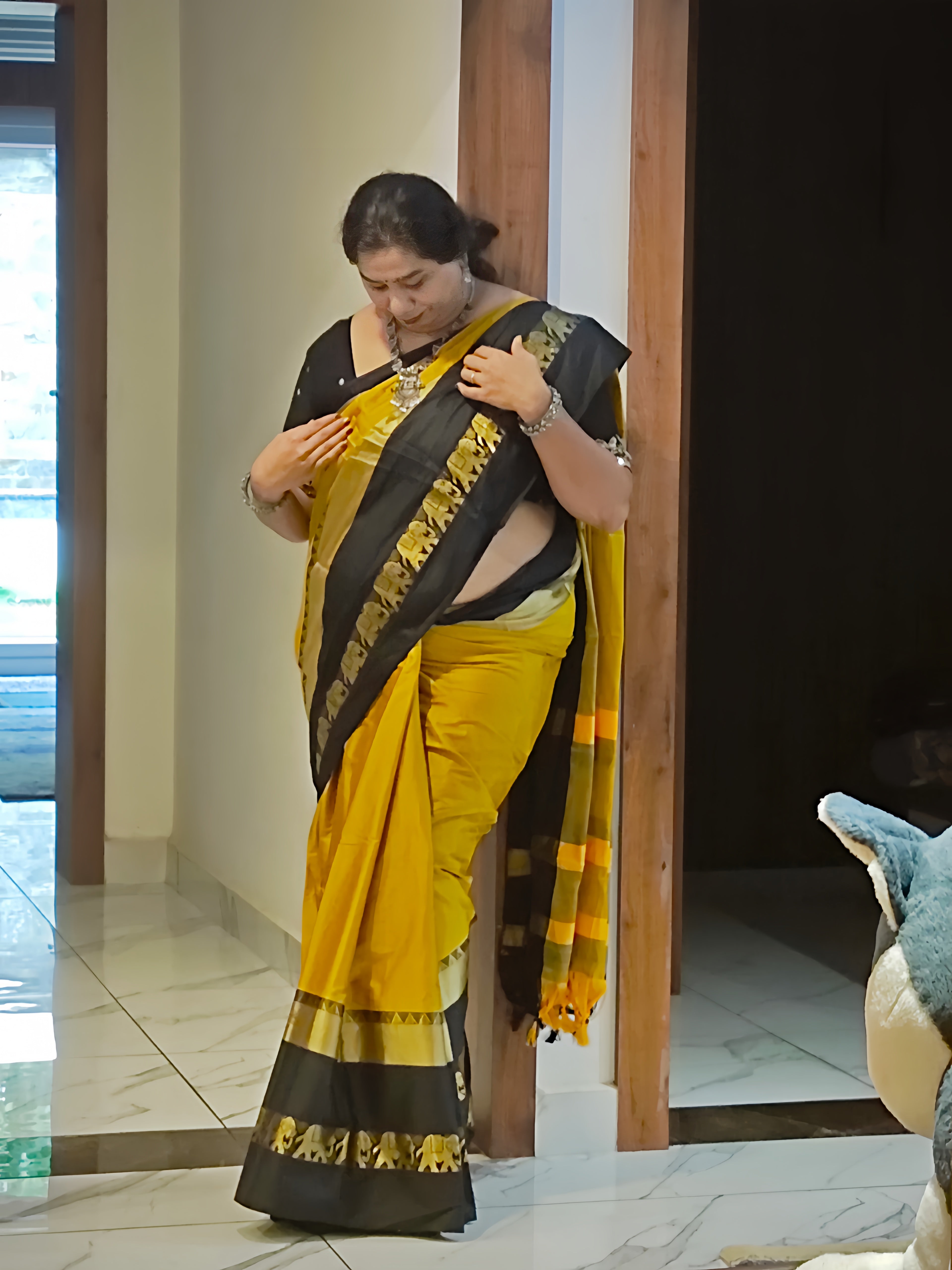 Mustard Yellow & Black Cotton Silk Saree with Elephant Zari Border | Traditional Festive Wear