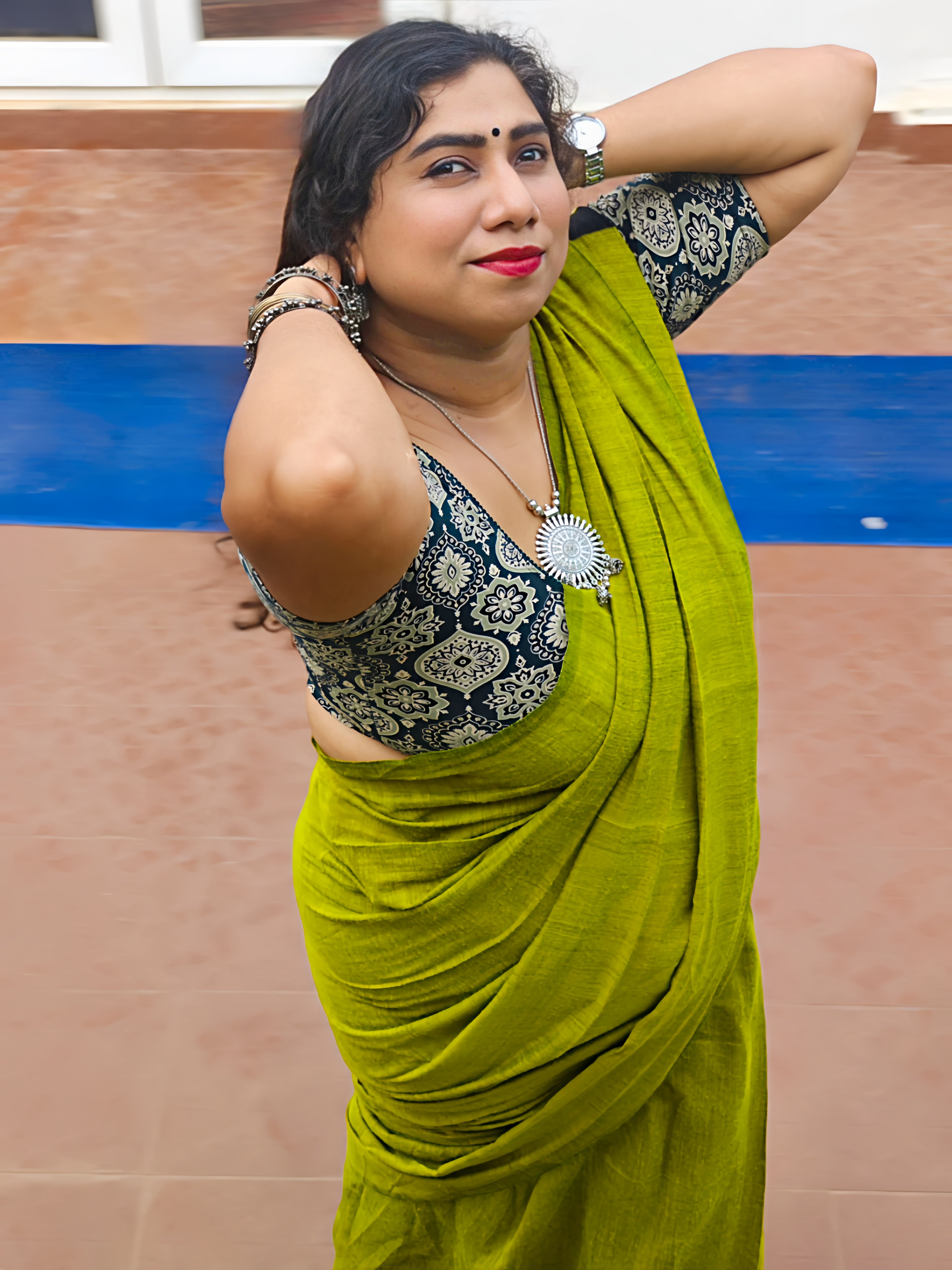 Mustard Yellow Khadi Cotton Saree showcasing elegant drape, pleats and soft fabric with Black Running Blouse by Vyra Fashion.