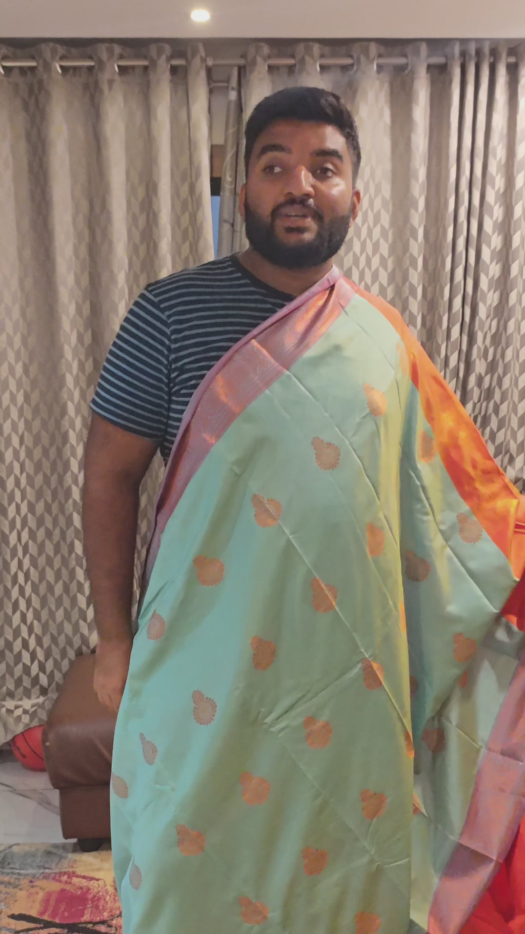 Mint Green Softy Malai Silk Saree with Copper Zari Buttas & Rich Woven Border
