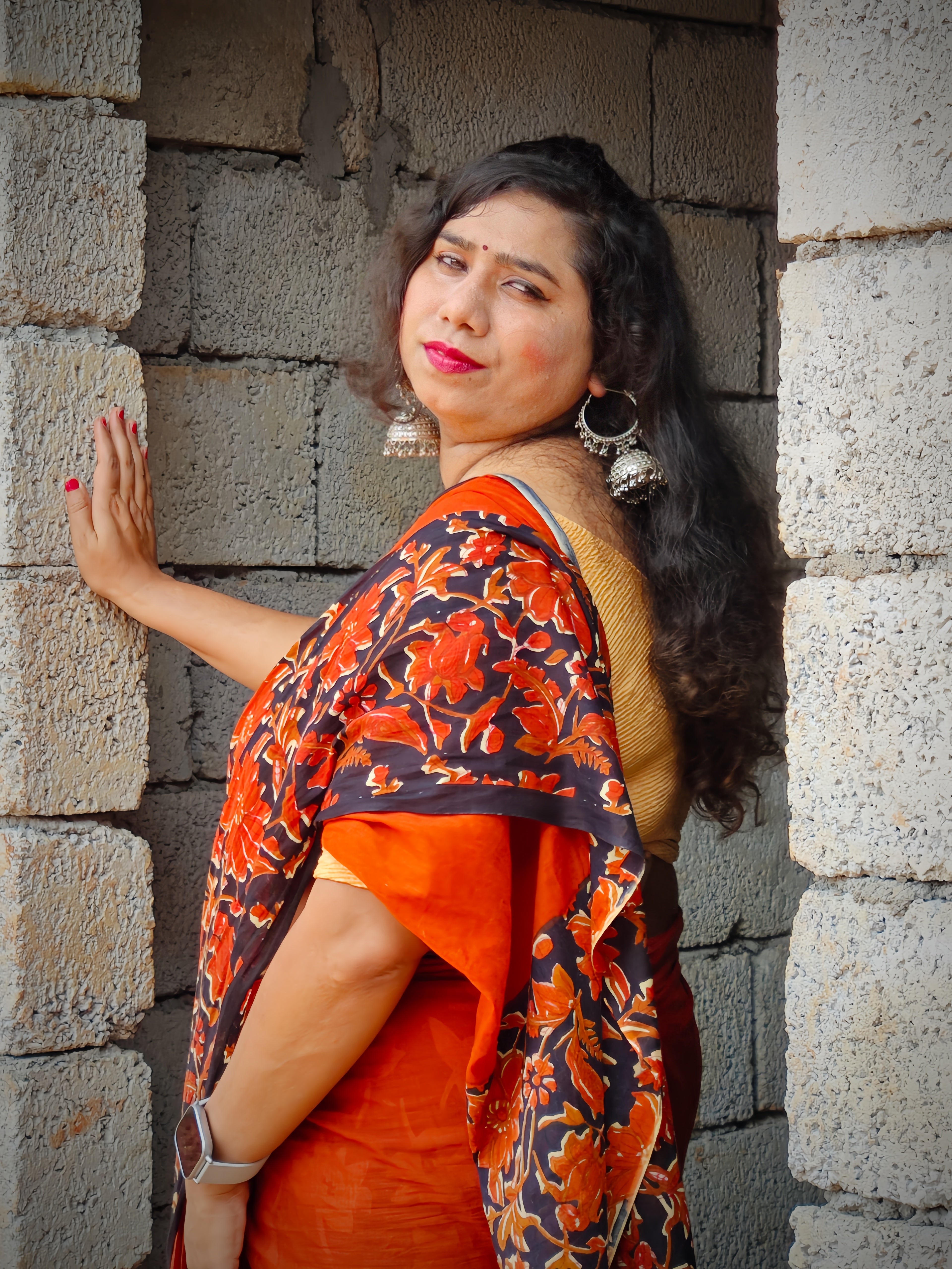 Rust Orange & Black Jaipuri Cotton Mulmul Saree with Floral Print Border