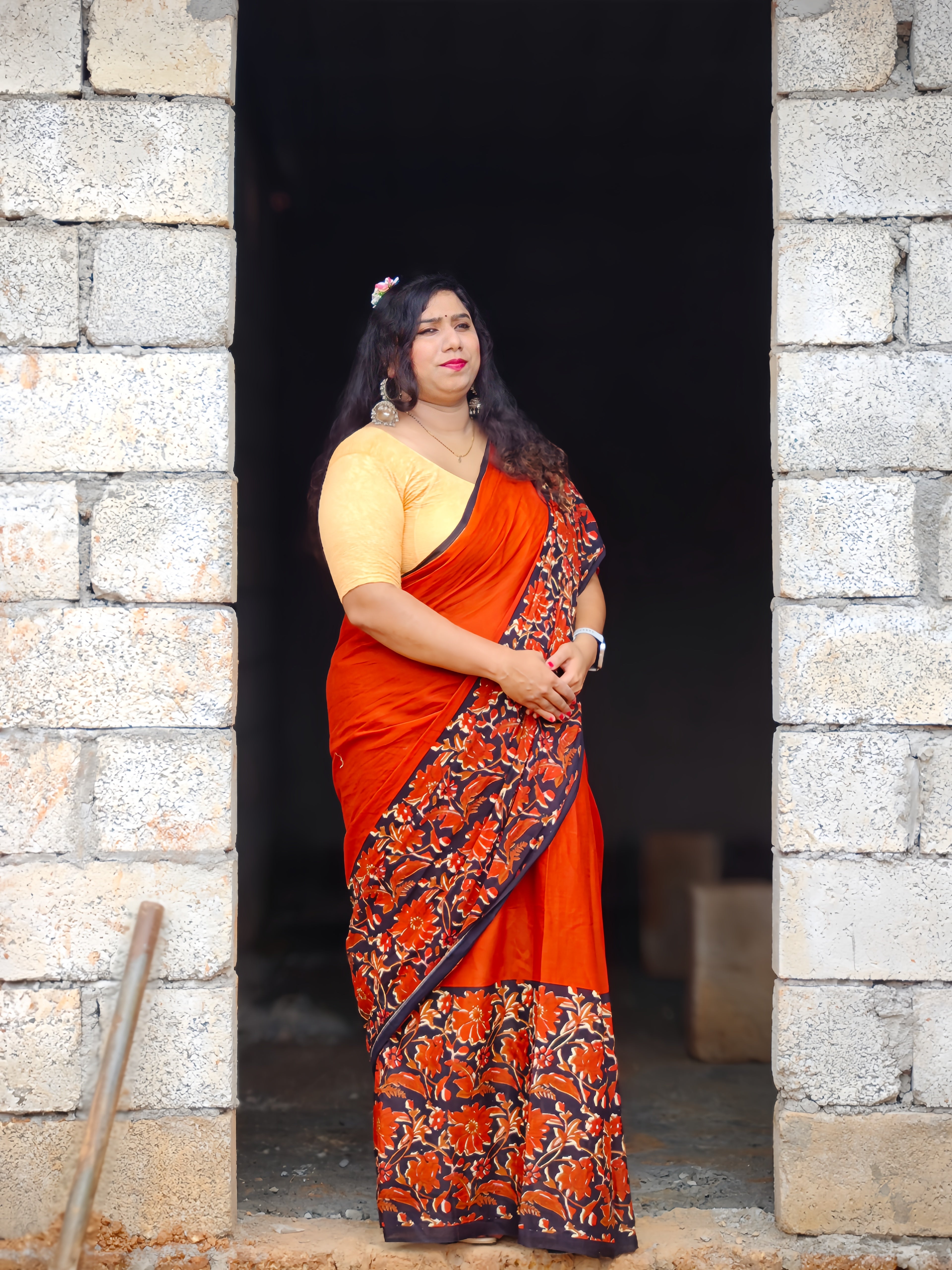 Rust Orange & Black Jaipuri Cotton Mulmul Saree with Floral Print Border