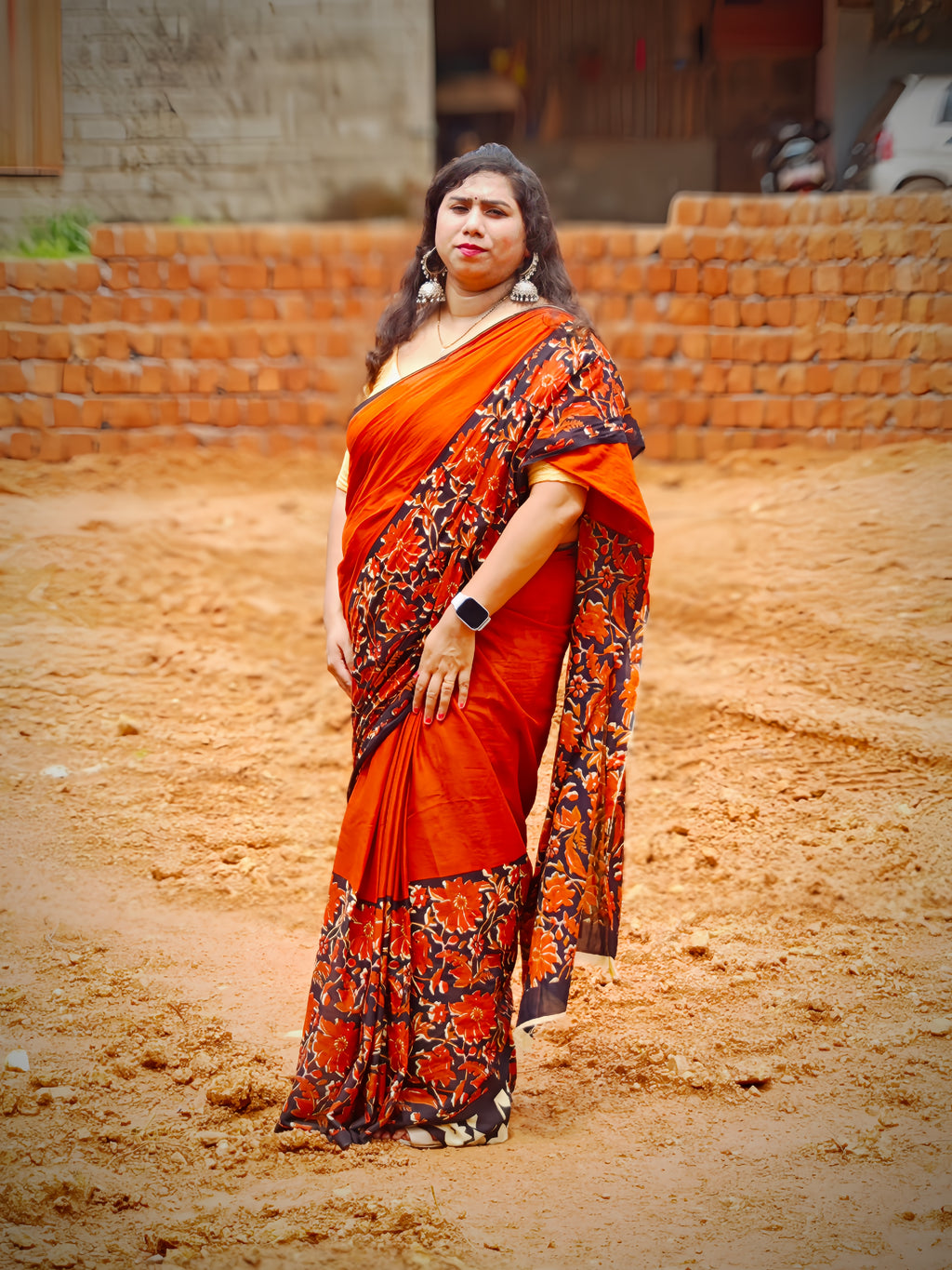 Rust Orange & Black Jaipuri Cotton Mulmul Saree with Floral Print Border