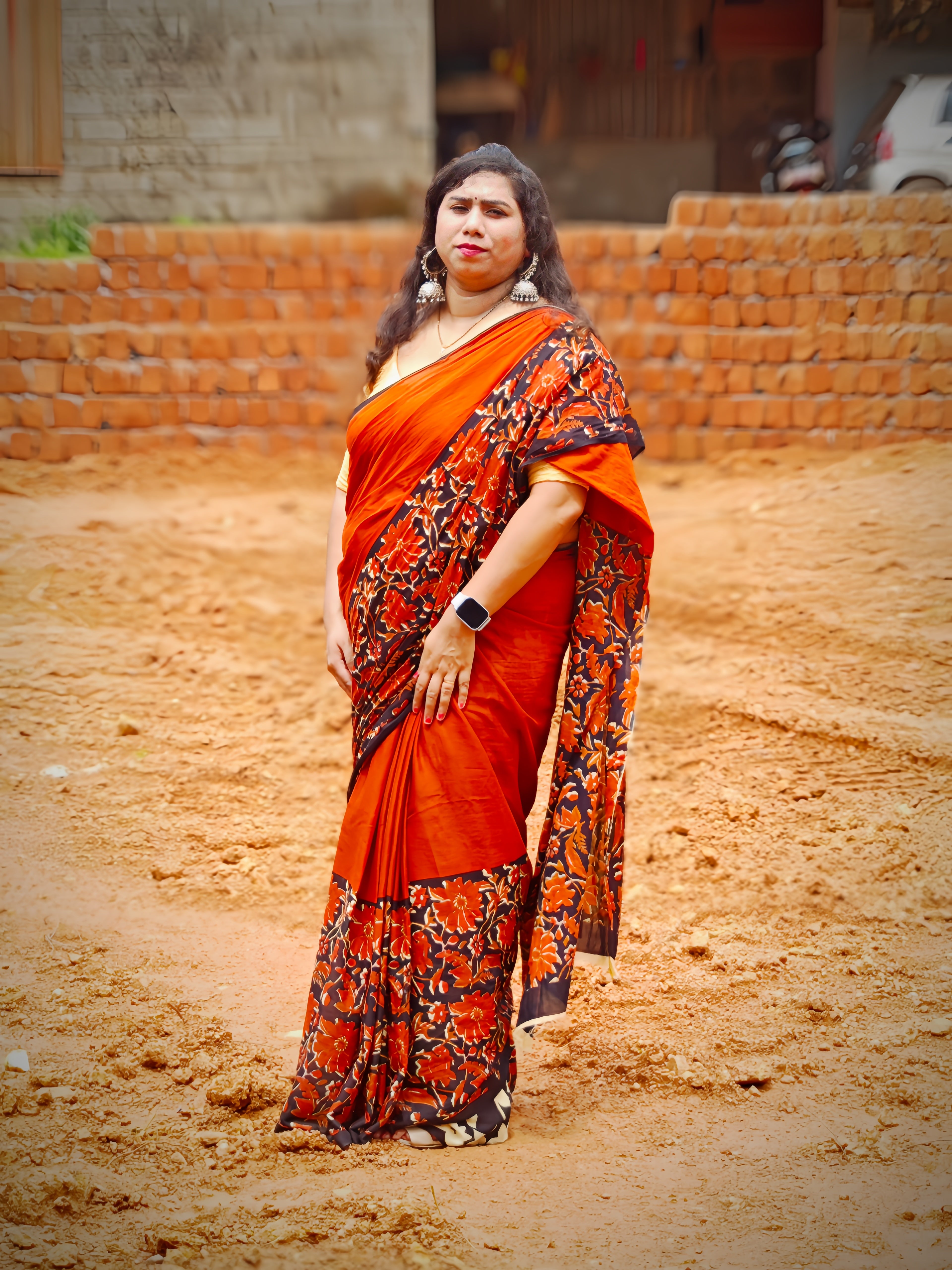 Rust Orange & Black Jaipuri Cotton Mulmul Saree with Floral Print Border