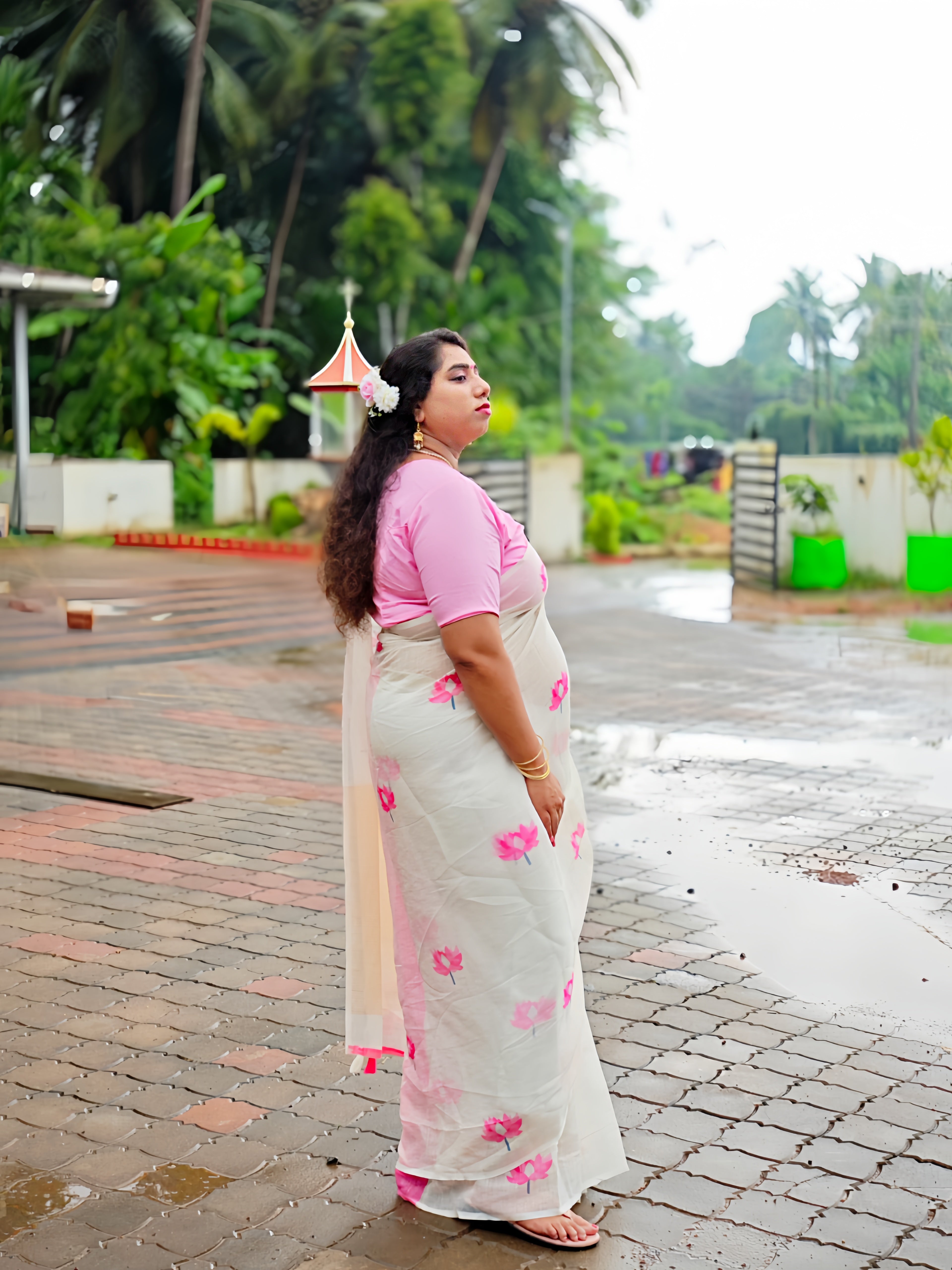 Soft Cotton Linen Saree | Pink Lotus Print | White
