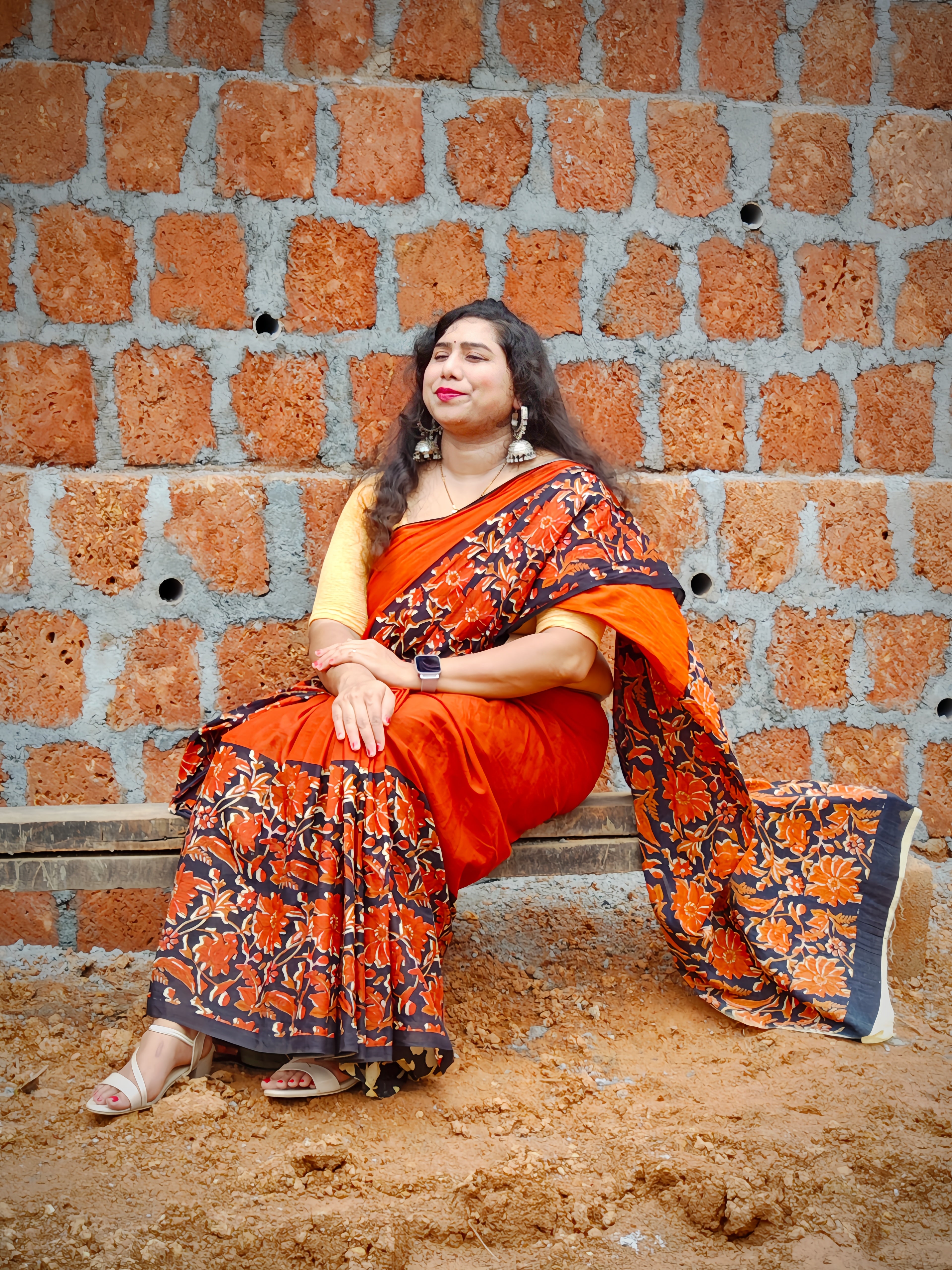 Rust Orange & Black Jaipuri Cotton Mulmul Saree with Floral Print Border
