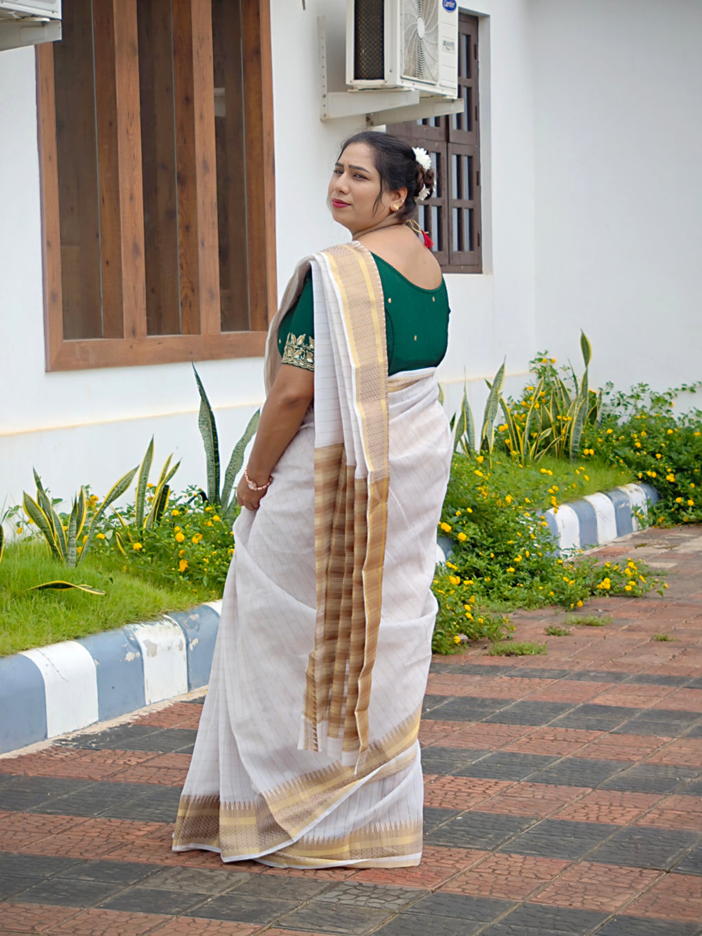 Onam Special Off-White Checked Cotton Silk Saree with Gold Zari Border