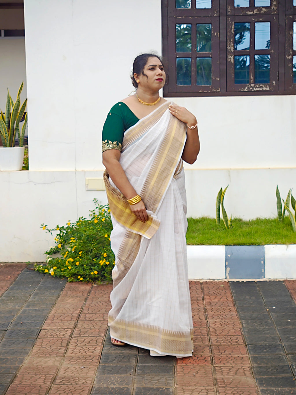 Onam Special Off-White Checked Cotton Silk Saree with Gold Zari Border