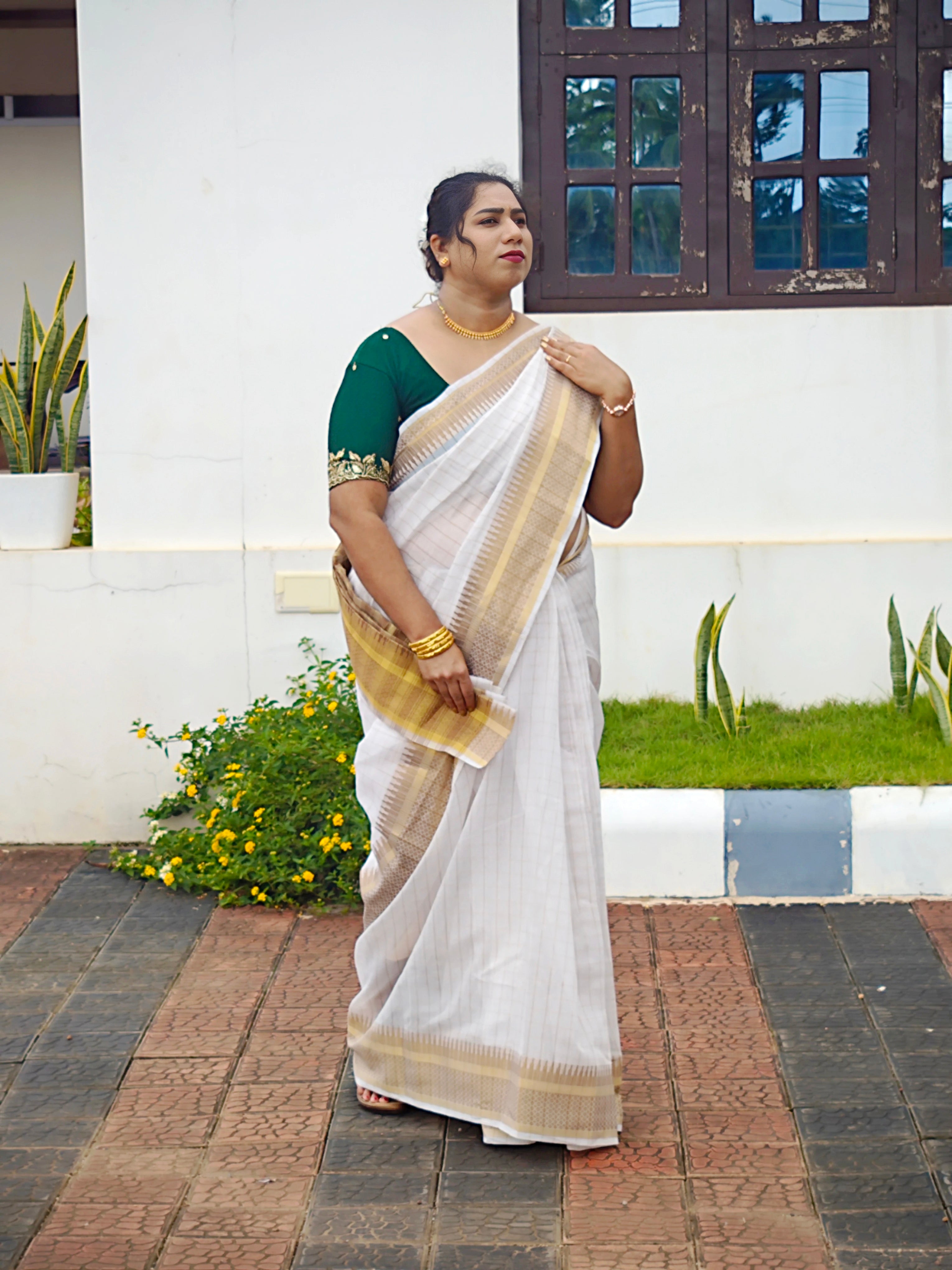 Onam Special Off-White Checked Cotton Silk Saree with Gold Zari Border