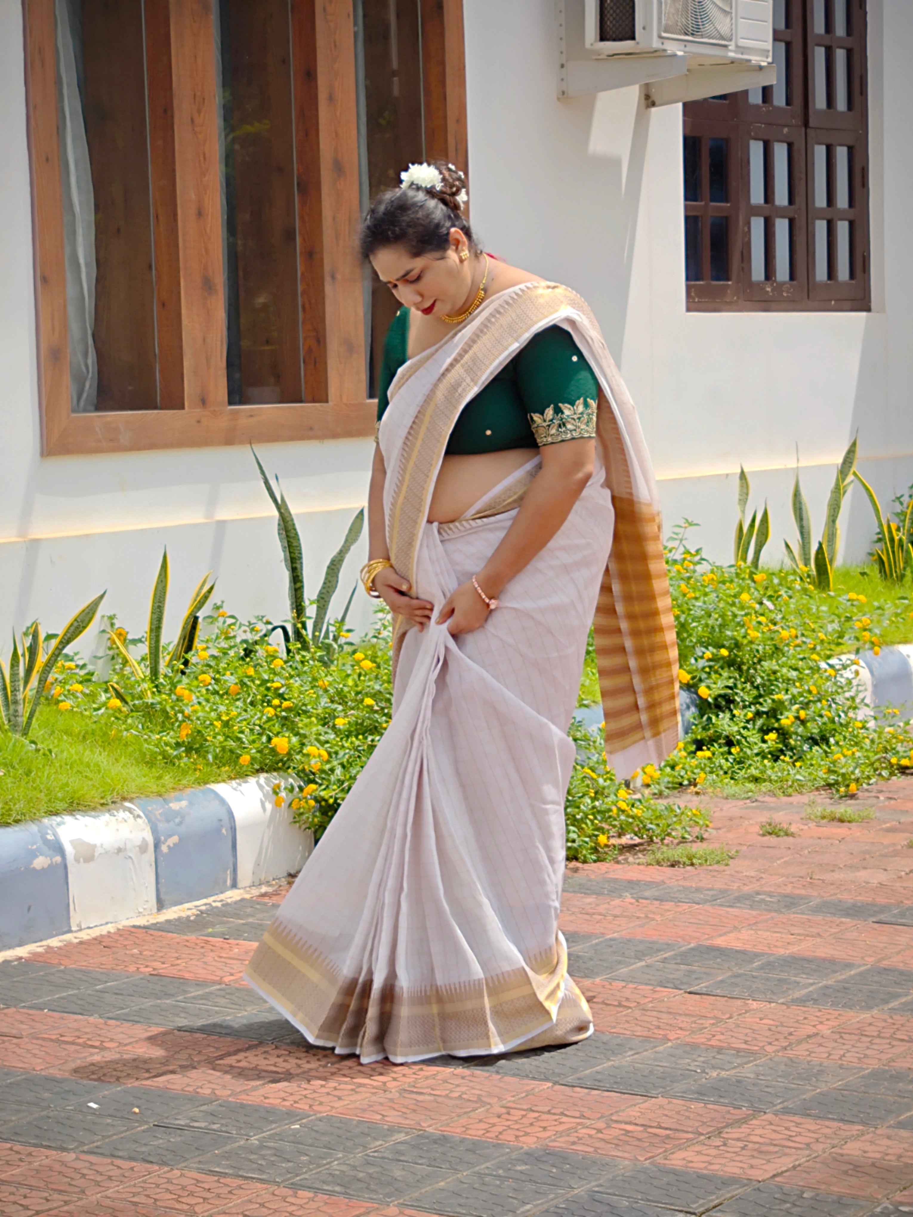 Onam Special Off-White Checked Cotton Silk Saree with Gold Zari Border