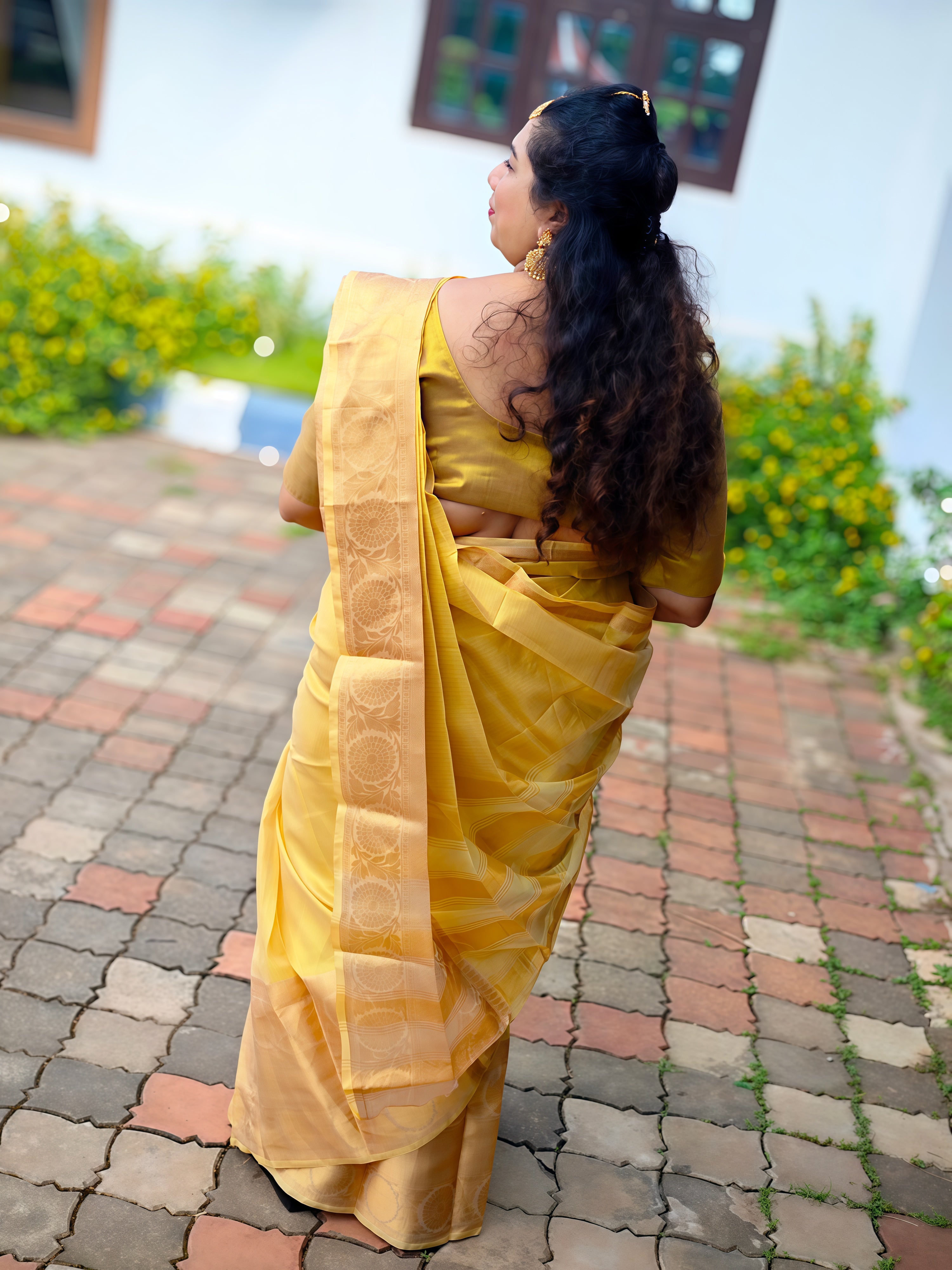 Premium Golden Banarasi Tissue Silk Saree with Rich Zari Weaving