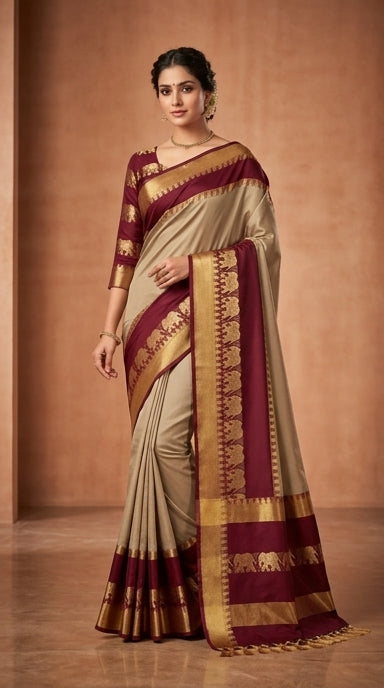 Mustard Yellow & Black Cotton Silk Saree with Elephant Zari Border | Traditional Festive Wear