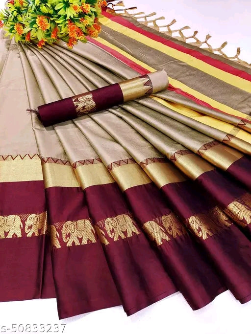 Chiku Brown Cotton Silk Elephant Design Saree with Woven Pallu | Premium Ethnic Wear