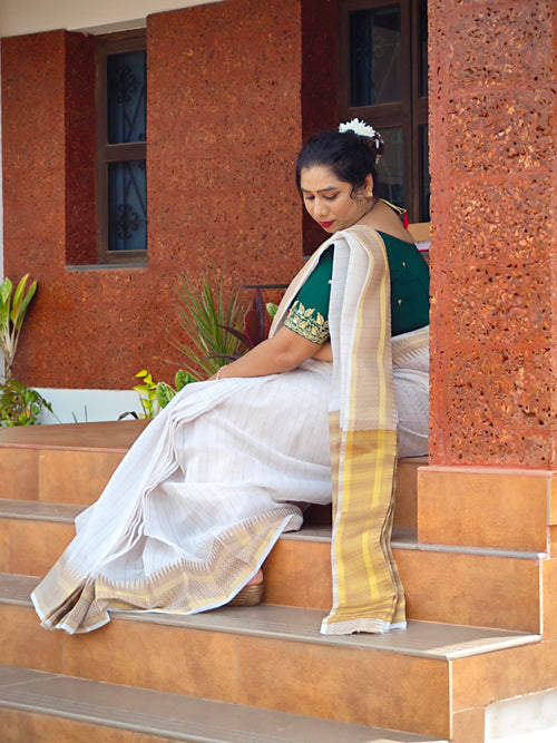 Onam Special Off-White Checked Cotton Silk Saree with Gold Zari Border