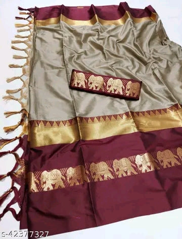 Chiku Brown Cotton Silk Elephant Design Saree with Woven Pallu | Premium Ethnic Wear