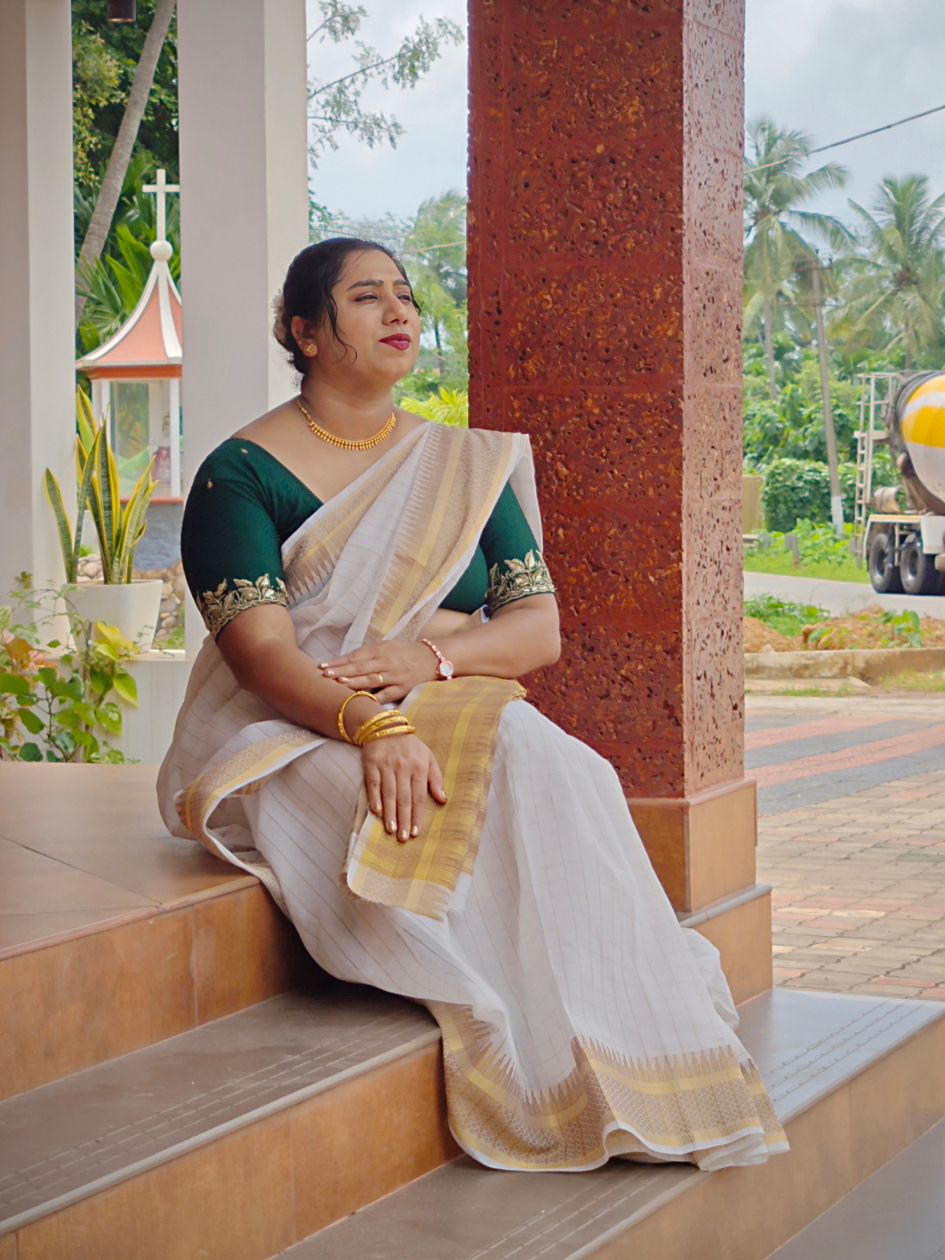 Onam Special Off-White Checked Cotton Silk Saree with Gold Zari Border
